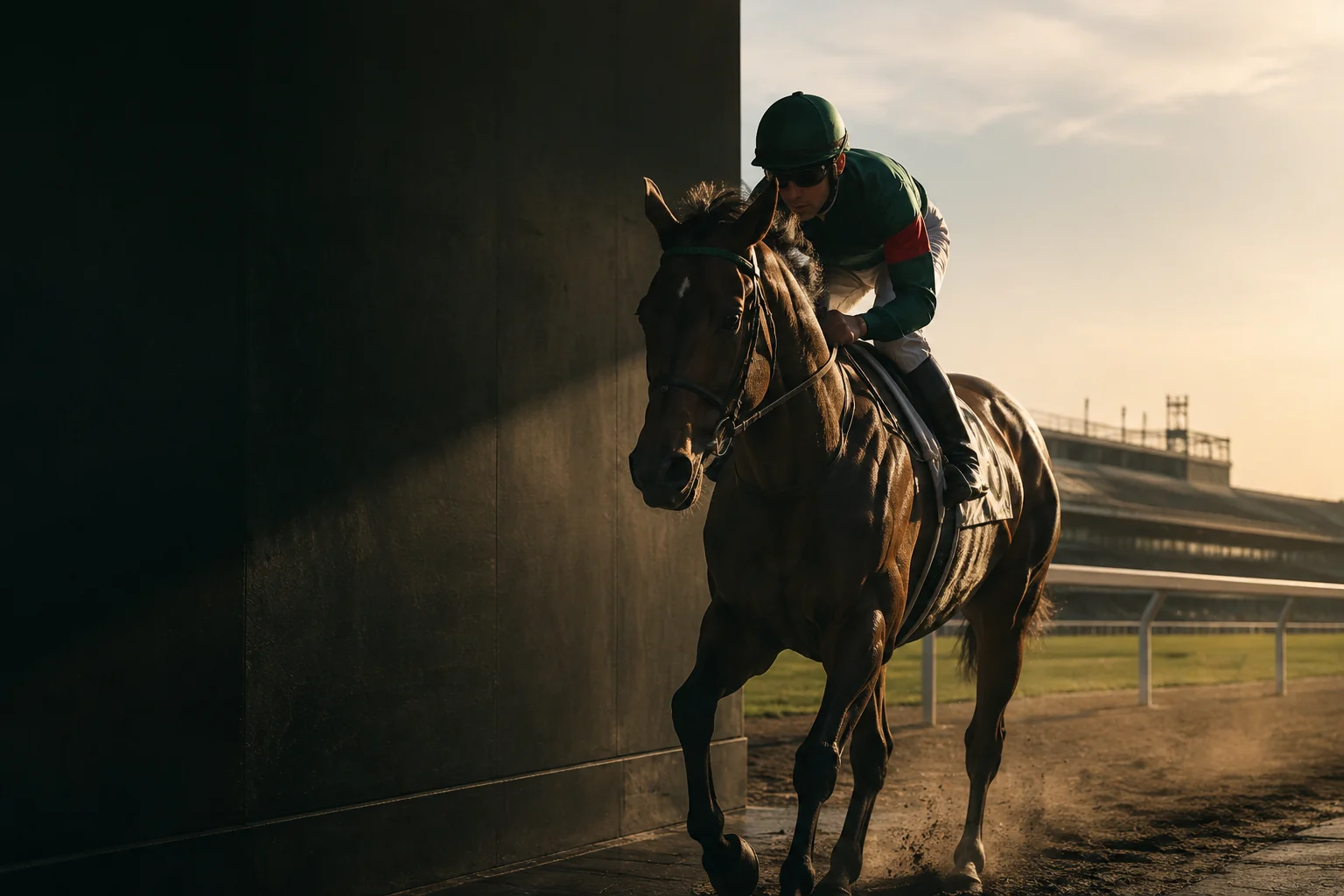 競馬場のトンネルから光の中へ進む競走馬と騎手